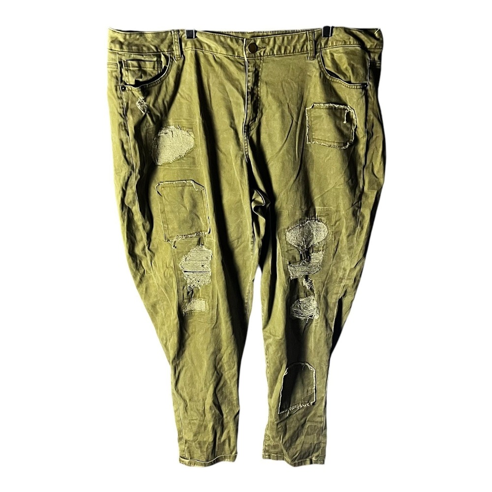 Lane Bryant Pants Women Size‎ 24 Olive Green Distressed Stretch Casual Patchwork